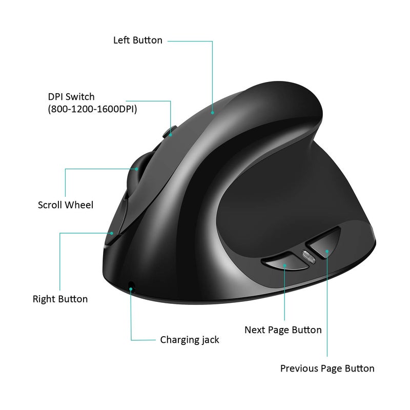 AURTEC Vertical Mouse, Rechargeable 2.4G Wireless Ergonomic Mice with USB Receiver, 6 Buttons and 3 Adjustable DPI 800/1200/1600, Black - Image 5